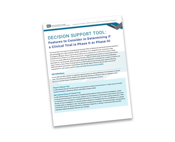 Image of the Decision Support Tool: Features to Consider in Determining if a Clinical Trial is Phase 2 or Phase 3.
