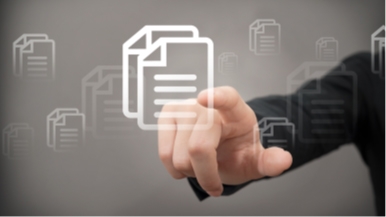 Graphic of a hand touching a document icon.